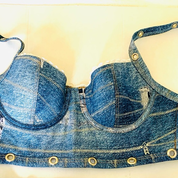 Beautiful bikini top braletta denim pattern multiple back straps metal eyelets - Picture 2 of 16